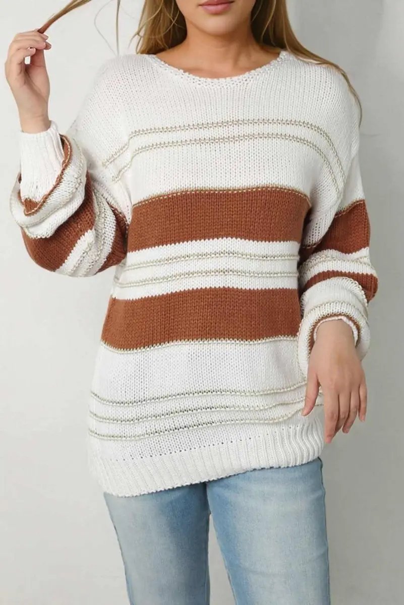 Striped Round Neck Dropped Shoulder Sweater - Love Salve